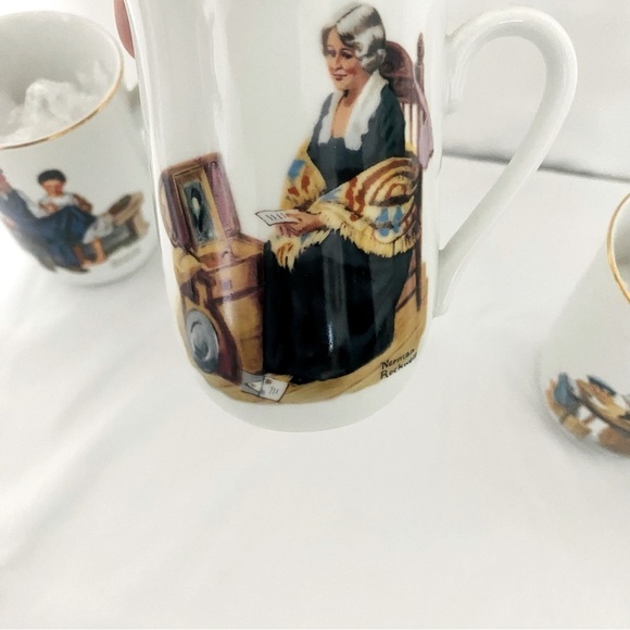 VINTAGE SET Of 5 Norman Rockwell Museum Coffee Mugs Cups White Gold Trim JAPAN - Picture 6 of 15